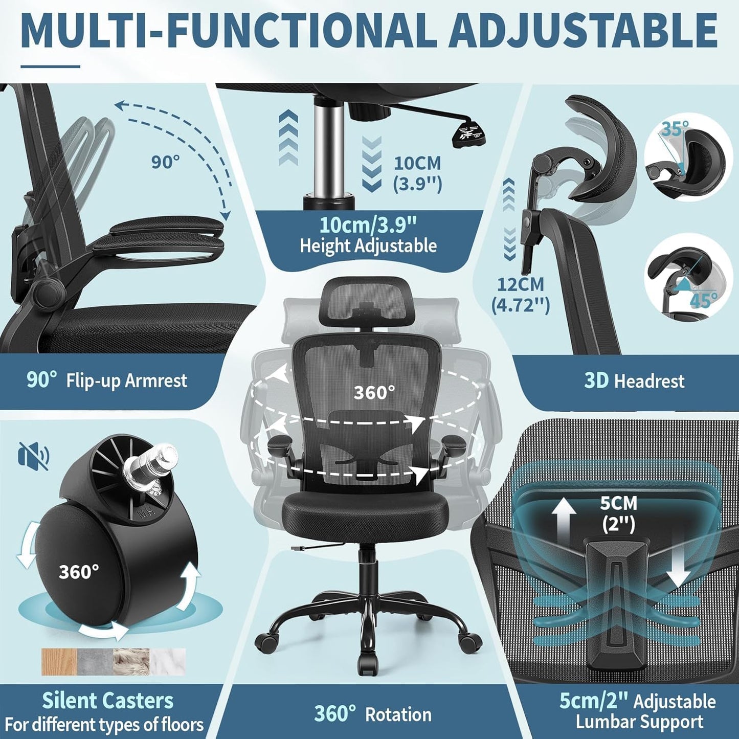 FelixKing Ergonomic Office Chair, Headrest Desk Chair with Adjustable Lumbar Support, Home Office Swivel Task Chair with High Back and Armrest, Adjustable Height Gaming Chair(Black),Pack of 2