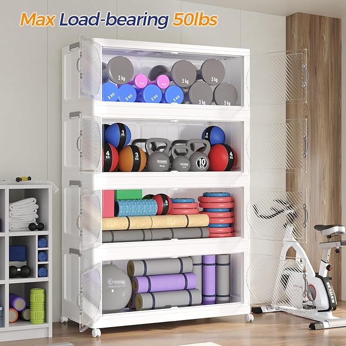150GAL Plastic Storage Bins with Lid, 600QT Extra Large Stackable Closet Organizers and Storage, Collapsible Storage Boxes with Wheels, Folding Cabinet for Home Kitchen Office, 5Pack White