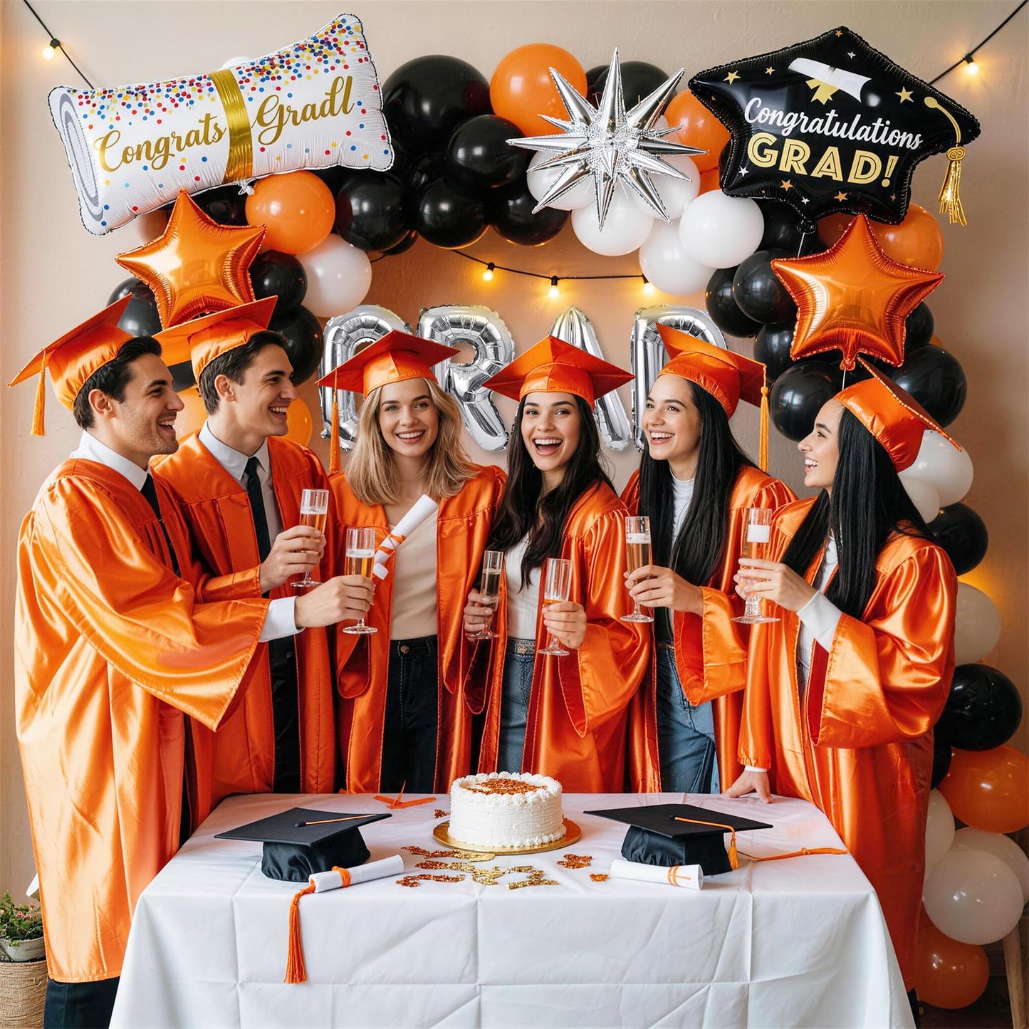 Orange Graduation Balloons Garland Arch Kit, 117PC Orange Black White Graduation Star Print Certificate Grad Foil Balloon with Silver Explosion Star Balloon for Graduate Class of 2026 Prom Party Decor