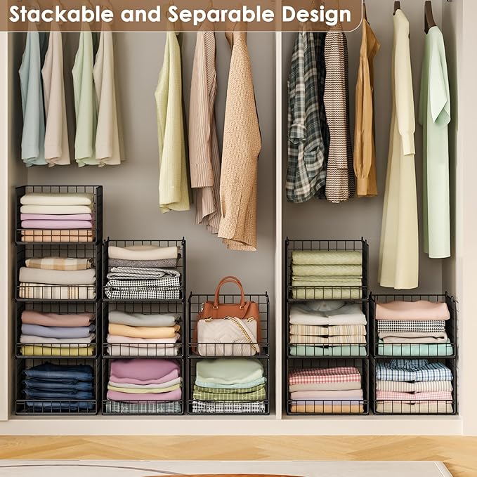 Stackable Closet Organizers and Storage Baskets, 4-Tier Closet Shelf Organizer for Small Space, Space-Saving Clothes Storage Drawer, Foldable Clothes Storage Bins for Closet Organizer System, Black
