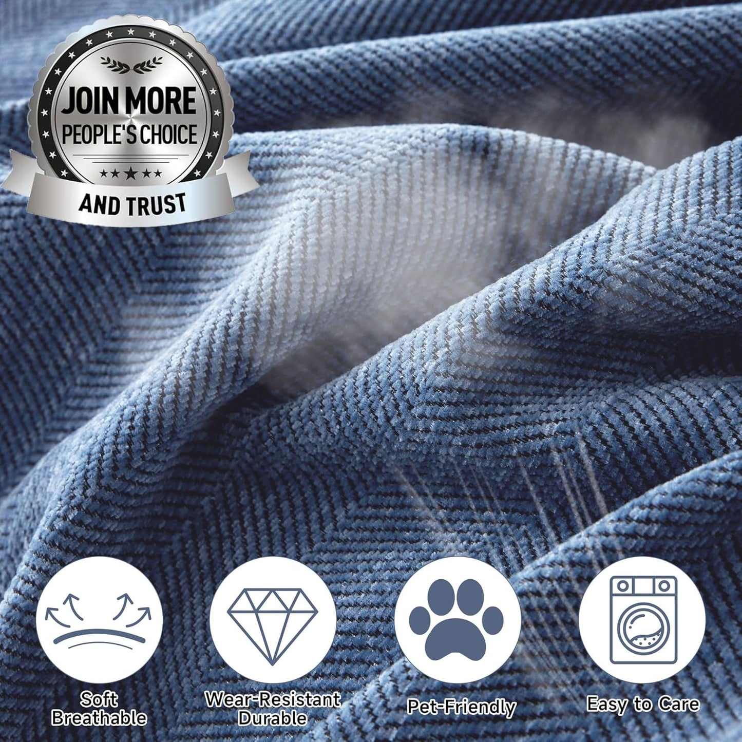 STACYPIK Non Slip Blue Couch Covers Chenille Sofa Cover for Dogs, Herringbone Pet Protector for 2 Cushion Couch, Loveseat Cover for Sectional, Washable Furniture Cover Versatile Throw Blanket-71x118IN
