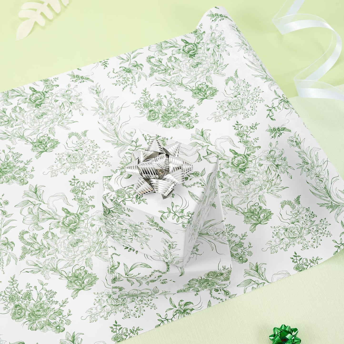 WERNNSAI Green Wrapping Paper Roll - 1 Roll 17”x 33 ft Vintage Floral Wrapping Paper Green Flower Bouquet Gift Wrap for Girls Women Birthday Bridal Shower Wedding Supplies
