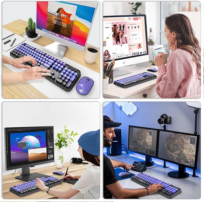 FOPETT Wireless Keyboard and Mouse Combo - 2.4G Full-Sized Cute Colorful Mouse and Keyboard with 104 Round Keys Retro Typewriter Keyboard for Laptop/Windows/PC - Black Purple