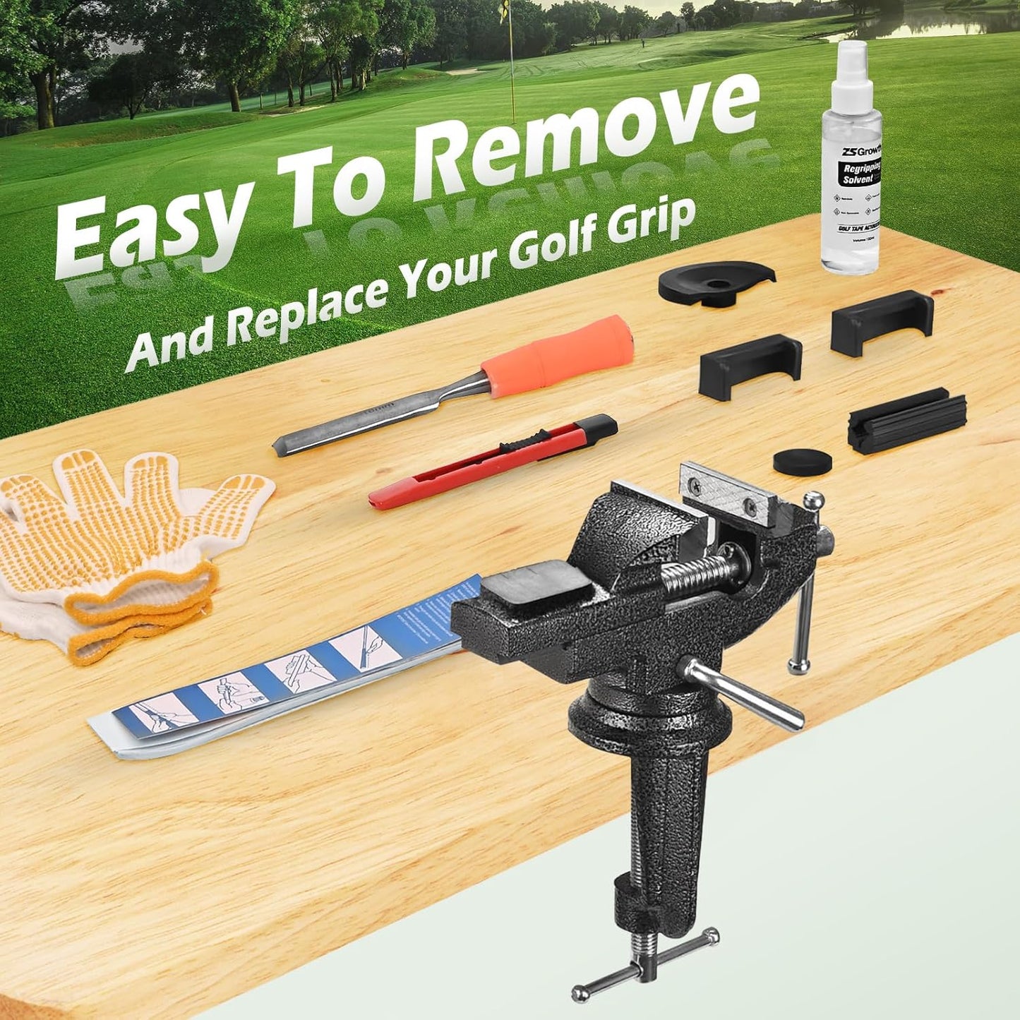 Golf Grip Regripping Kit with Tapes & Solvent,Portable Table Vise Rubber Clamp for Golf Clubs Removal Tool,Golf Grip Replacement Kit