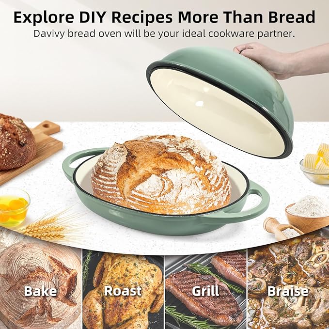 Davivy 6QT Cast Iron Oval Dutch Oven with Silicone Baking Mat, Bread Dutch Oven for Sourdough Bread Baking 6QT, Cast Iron Loaf Pan with Domed Lid - Sea Salt Green