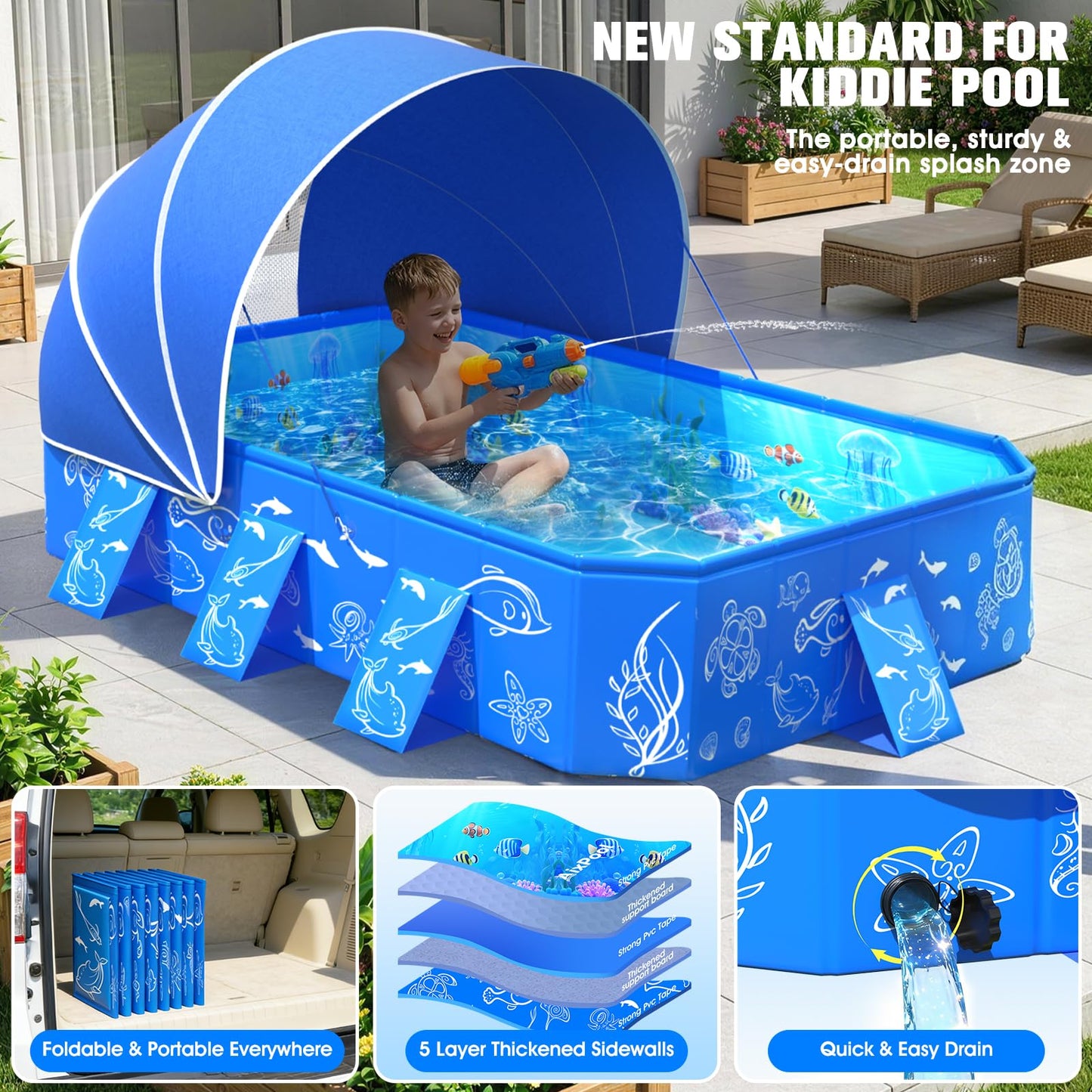 2026 Kiddie Pool with Canopy,Baby Swimming Pool for Toddler,Non-Inflatable Portable Pool for Kids,Foldable Toddler Pool with Shade,Kiddie Pool for Backyard,Pop Up Baby Beach Pool 53''×40''×33''