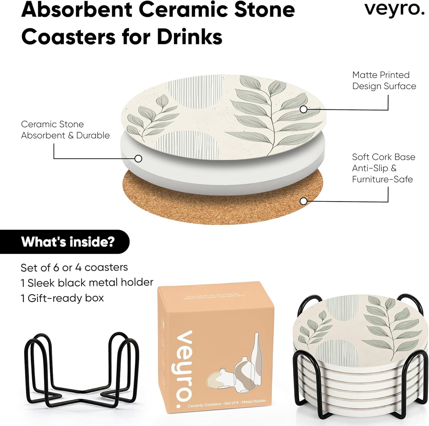 VEYRO Coasters Set of 6 for Drinks – Absorbent Ceramic Stone Drink Coasters with Cork Backing for Coffee Table & Desk, Modern Boho Look Cup Coaster Set, Housewarming Gift for New Home