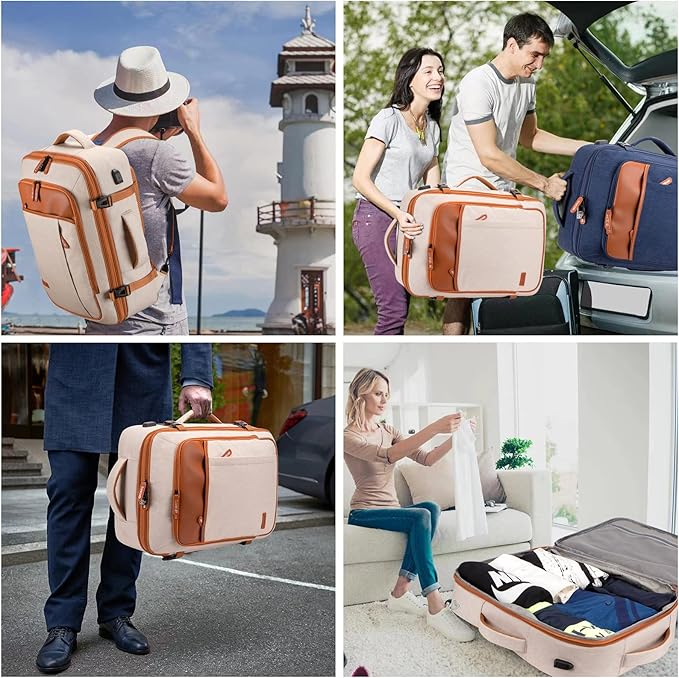 Lumesner Carry on Travel Backpacks, Extra Large 40L Flight Approved Bag for Men & Women,Expandable Suitcase Backpack With 4 Packing Cubes,Water Resistant Luggage Daypack Business Weekender Bag, Beige