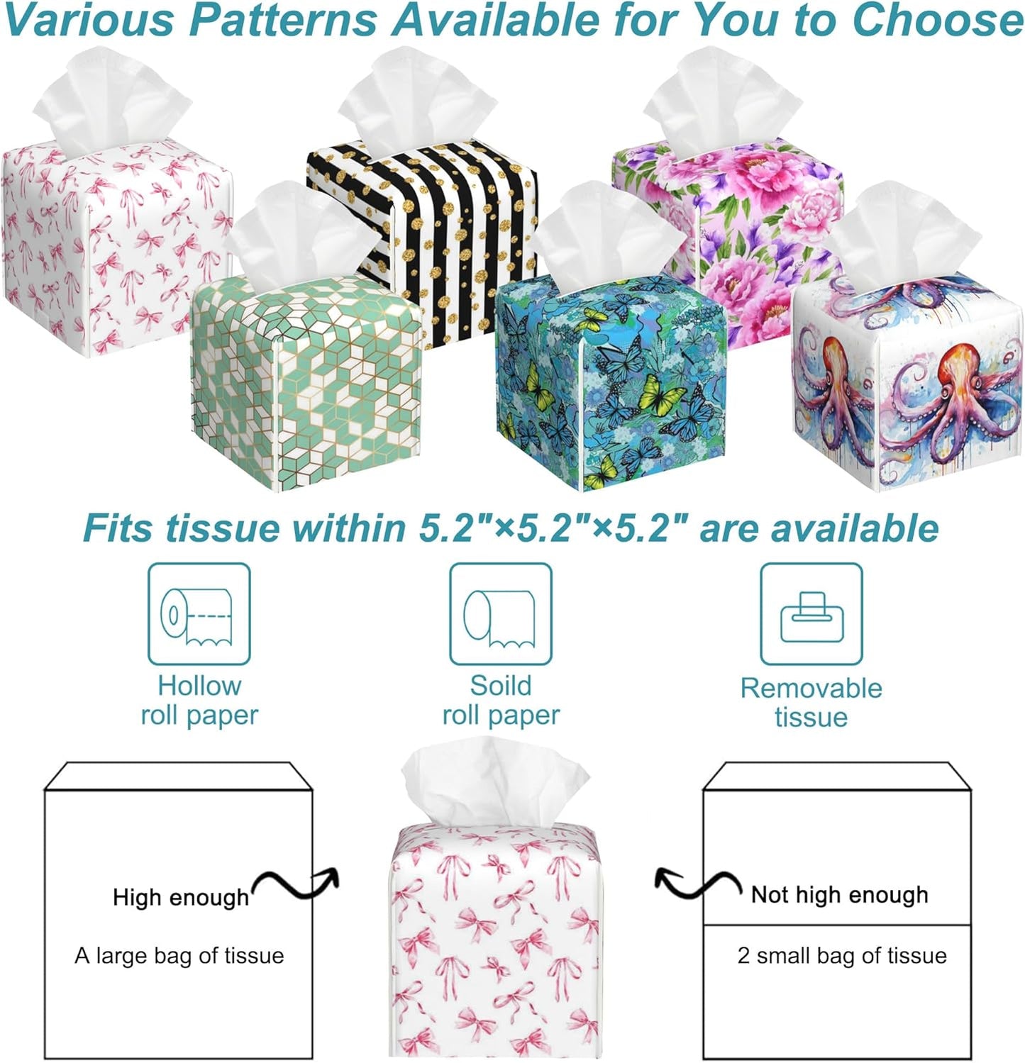 Watercolor Pink Ribbon Bow Tissue Box Cover Square,Leather Tissue Holder with Bottom Belt,Waterproof Leather Facial Paper Organizer Tissue Box Cover for Home Office Bathroom Vanity,5.2" x 5.2" x 5.2"