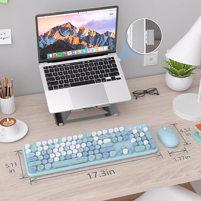 UBOTIE Colorful Computer Wireless Keyboard Mouse Combos, Typewriter Flexible Keys Office Full-Sized Keyboard, 2.4GHz Dropout-Free Connection and Optical Mouse (Blue-Colorful)