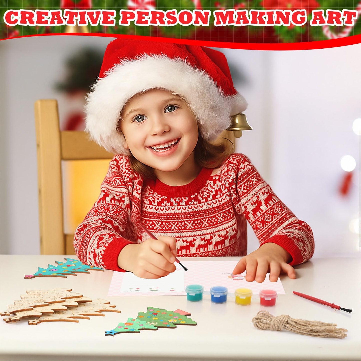 Blueweenly 24 Sets Christmas Craft Painting Kits for Kid DIY Wooden Christmas Tree Ornaments with Greeting Cards to Paint Cutouts Crafts Decorations Art Craft for Classroom Holiday Activities Party