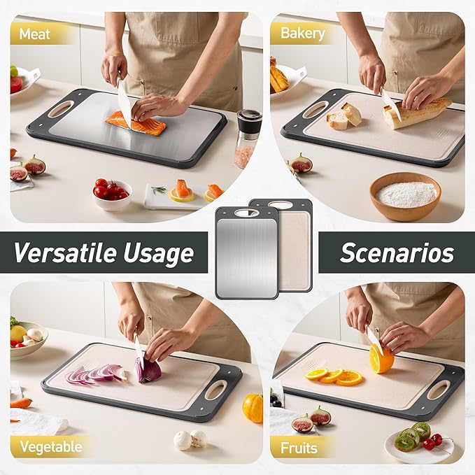 2 in 1 Stainless Steel Cutting Board with Handle Chopping Large Big Small Metal Meat Butcher Block Not Titanium Madera Glass Marble Stone Kitchen Tablas Cocina Cortar Picar Regalos Mujer Mama Abuela