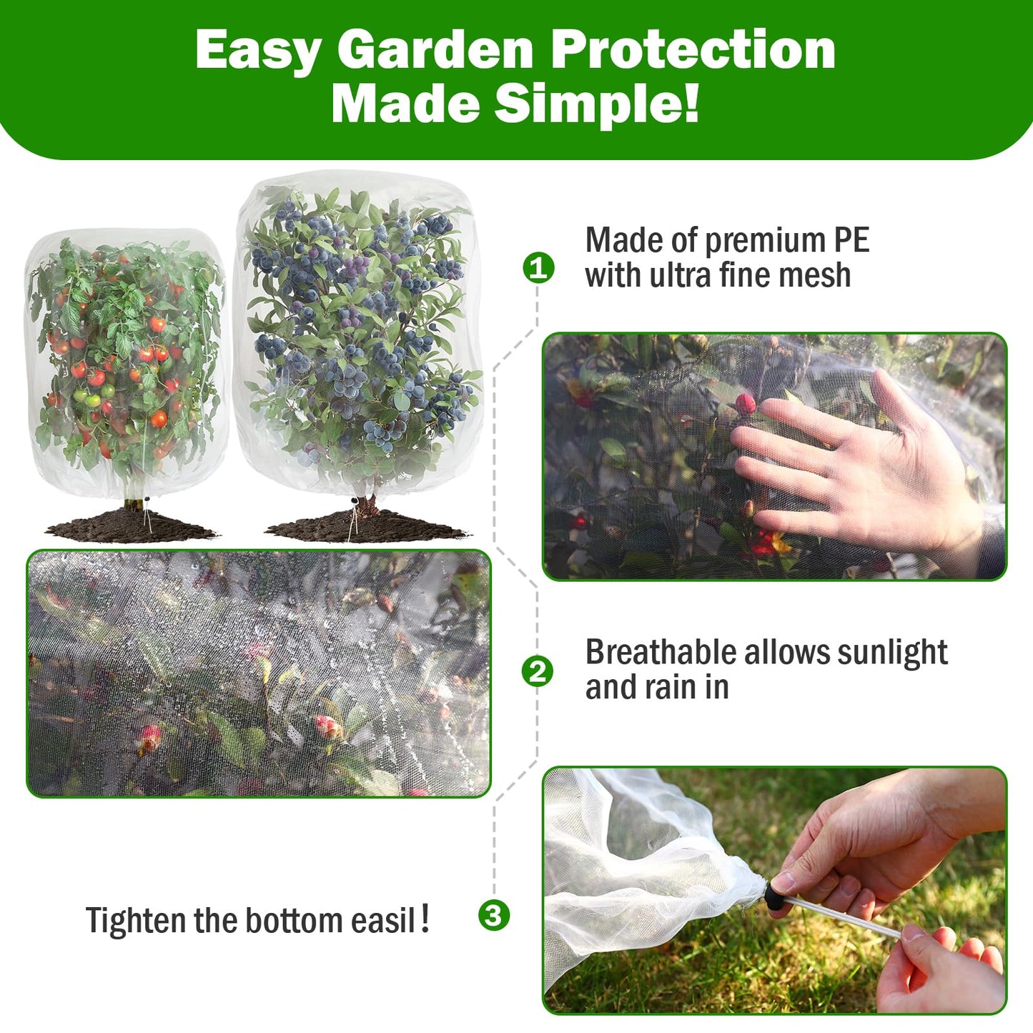 2 PCS Fruits Tree Netting Cover for Garden 3.3 x 4.9 ft Garden Insect Bird Barrier Plant Netting for Tomato Blueberry Bush Netting Covers Deer Cicada Netting Cover Bag with Drawstring