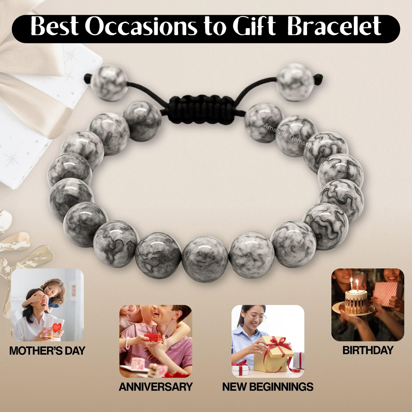 Amazing Gemstone Map Stone Bracelet for Women Men's Gifts - Protection Healing Crystal Bracelet - 8mm Gemstones Beaded Adjustable Bracelet Pulseras Para Hombres Mujer Stocking Stuffers