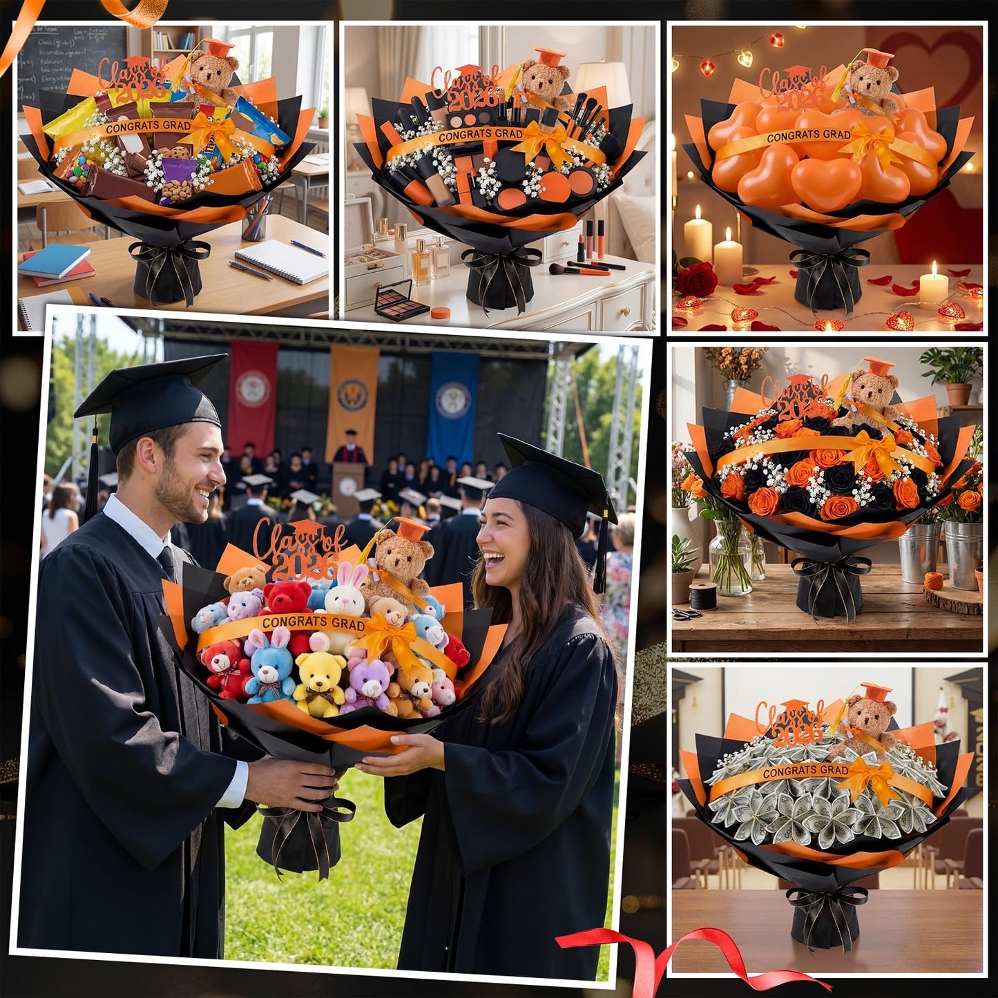 Seenelling 80 Pcs Graduation Money Flower Bouquet Wrapping Accessories Kit, 20 Flower Wrapping Paper 50 Sticks 2 Card Inserts 1 Bear 3 Ribbons DIY Crafts Gifts for Graduation Birthday(Orange)