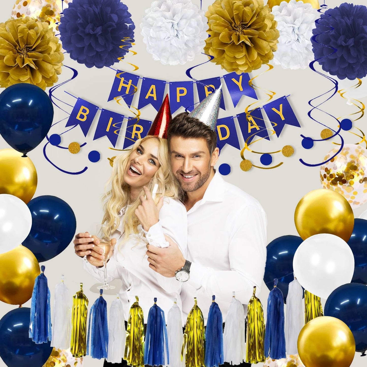 YGYXMY Birthday Decorations for Men, Navy Blue and Gold Party Decorations Set - Happy Birthday Banner, Balloons, Tissue Pompoms, Swirls, Tassels Garland