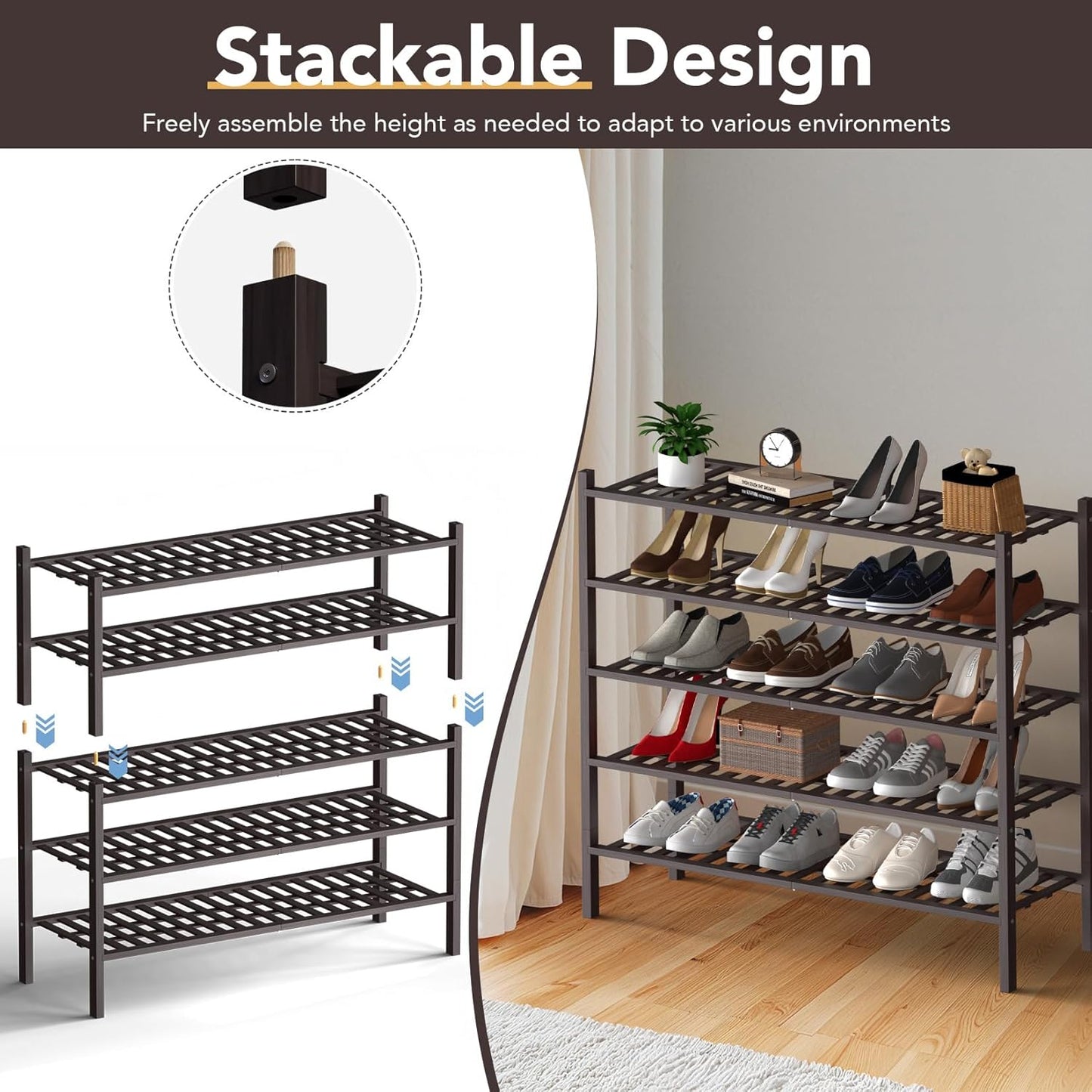 Haddockway Long 2 Tier Bamboo Shoe Rack Storage Organizer, Multifunctional Free Standing Stackable Shoe Shelf with Grid Panel for Closet,Hallway,Entryway,Small Space 34.2"x11"x13"(Brown, 2-Tier(Long))