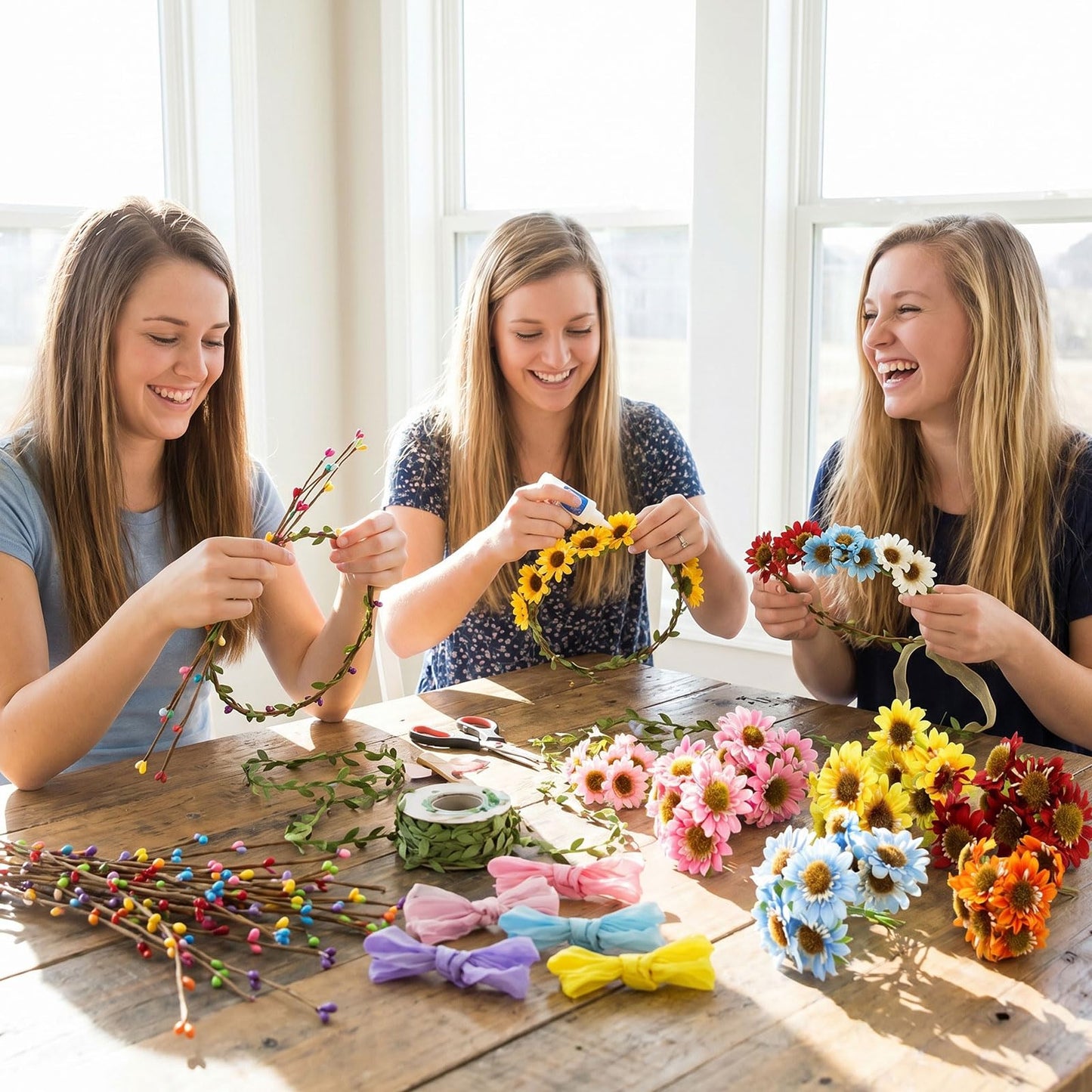 Zeyune 20 Sets Spring Tea Party Favor Flower Crowns Making Kit, Make Your Own Flower Crown Wreath Garland Headbands Craft Kit Handmade DIY Fairy Floral Hair Accessories Gift for Women (Sunflower)