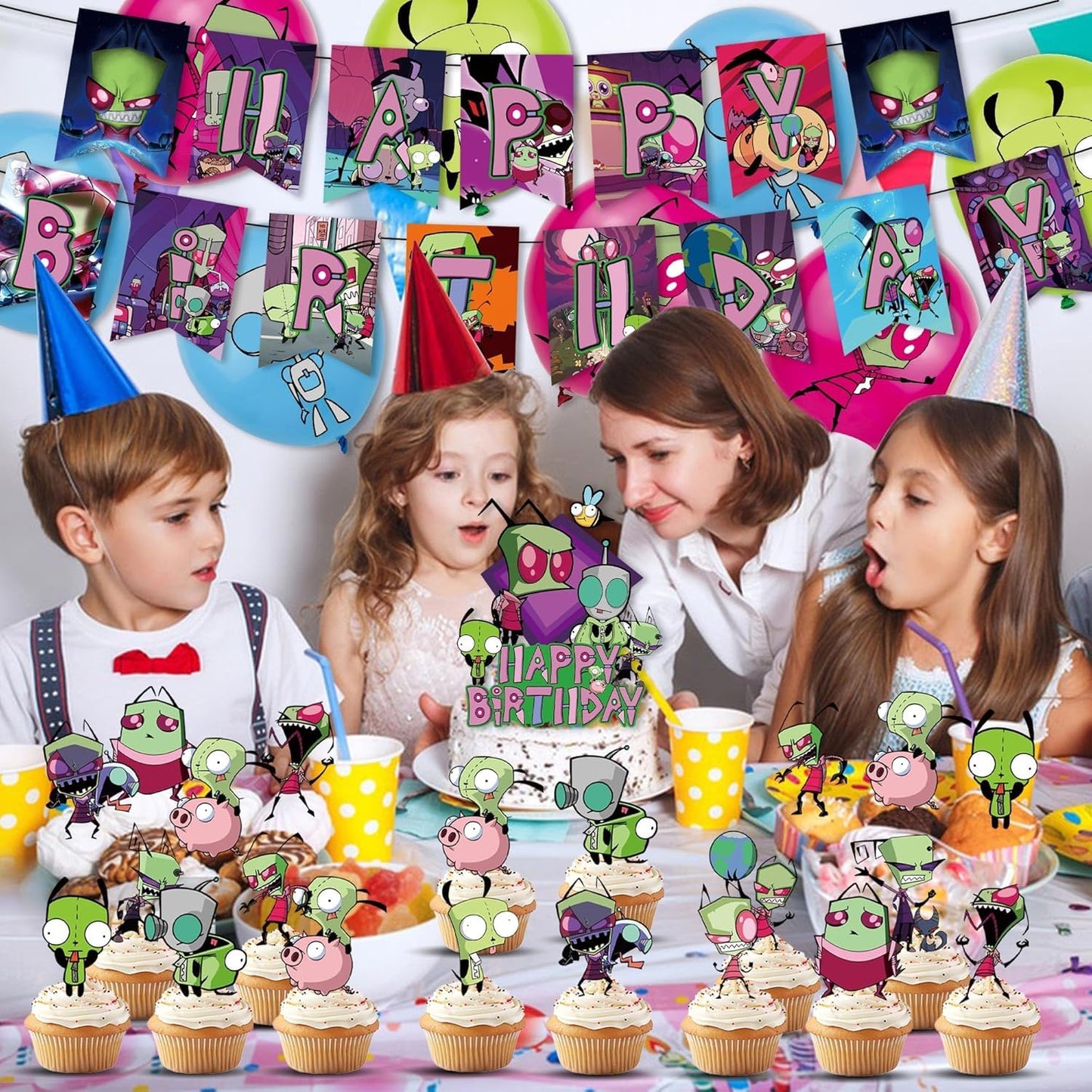 Invader Birthday Party Decoration, Include Happy Birthday Banner, Cake Topper, Latex Balloons, Invader Party Supplies for Adults, Teens Fans