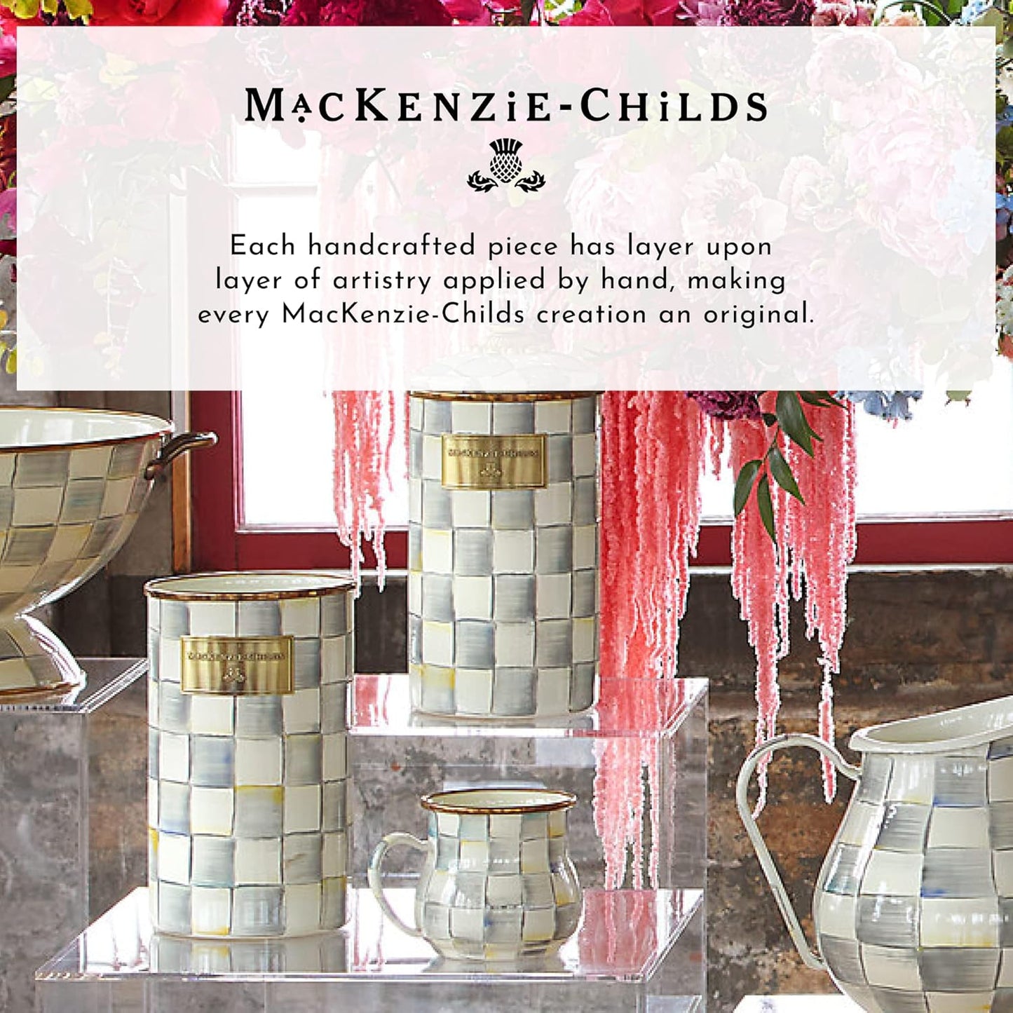 MACKENZIE-CHILDS Enamel Breakfast Bowl, Unique Soup Bowl or Cereal Bowl, Dinnerware, Gray-and-White Sterling Check, Set of 1