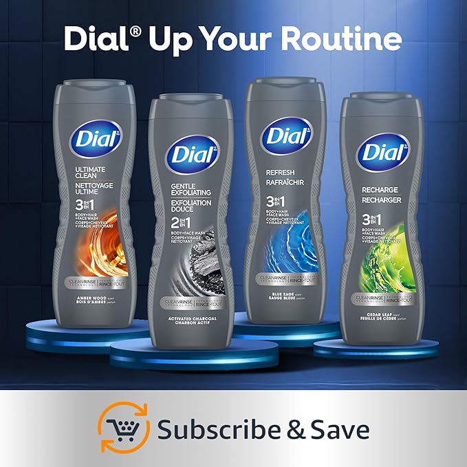Dial Men 3 in 1 Body, Hair and Face Wash, Recharge, 32 Fl Oz, Cedar Leaf Scent, Cleanses Deep + Gentle on Skin with Clean Rinse Technology