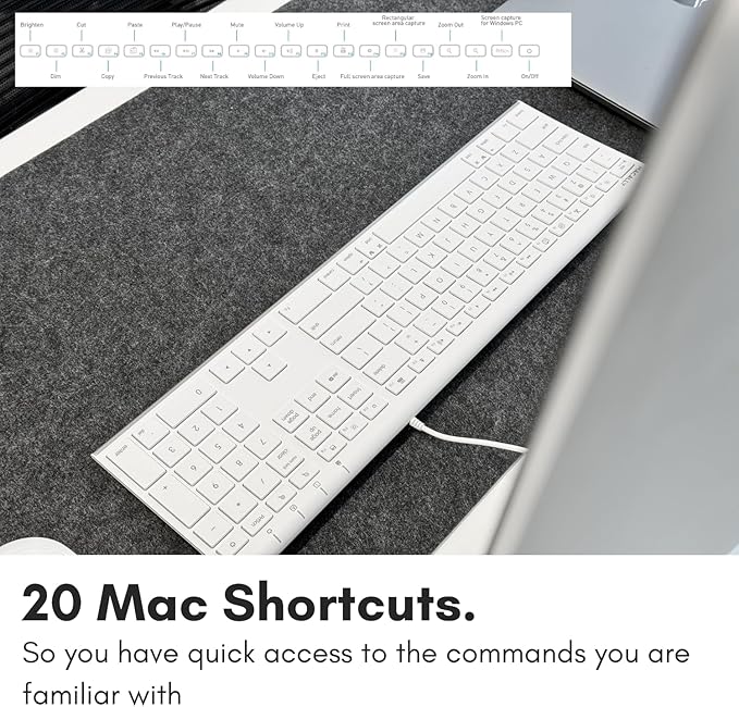 Macally Slim USB Wired Keyboard for Mac and Windows - Simple and Sophisticated - USB Apple Keyboard with Numeric Keypad for Mac Mini / Pro, Macbook, iMac with 110 Scissor Switch Keys and 20 Shortcuts