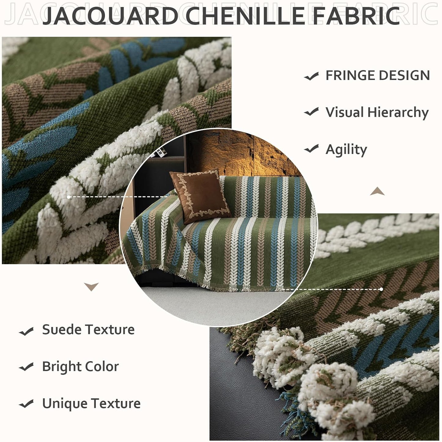 STACYPIK Thick Jacquard Green Couch Cover, Washable Sofa Cover for 3 Cushion Couch, Washable Chenille Couch Cover Blanket, Multi-use Sofa Protector Slipcover, Furniture Protector Pet-Friendly-71X150IN
