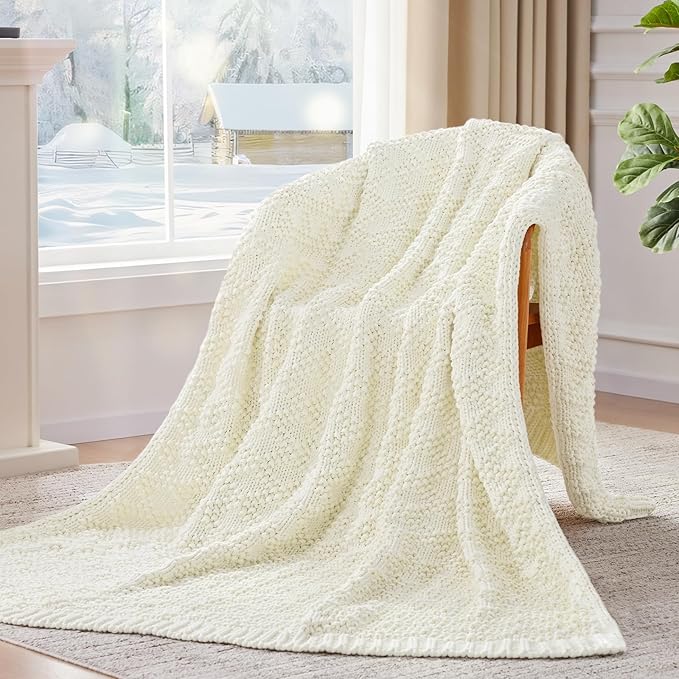 Knitted Weighted Blanket for Adult, Chunky Knit Weighted Throw for Sleep 60"*80" 17lbs, Cooling Breathable Machine Washable Heavy Blanket for Room Decor (Ivory White, Queen)
