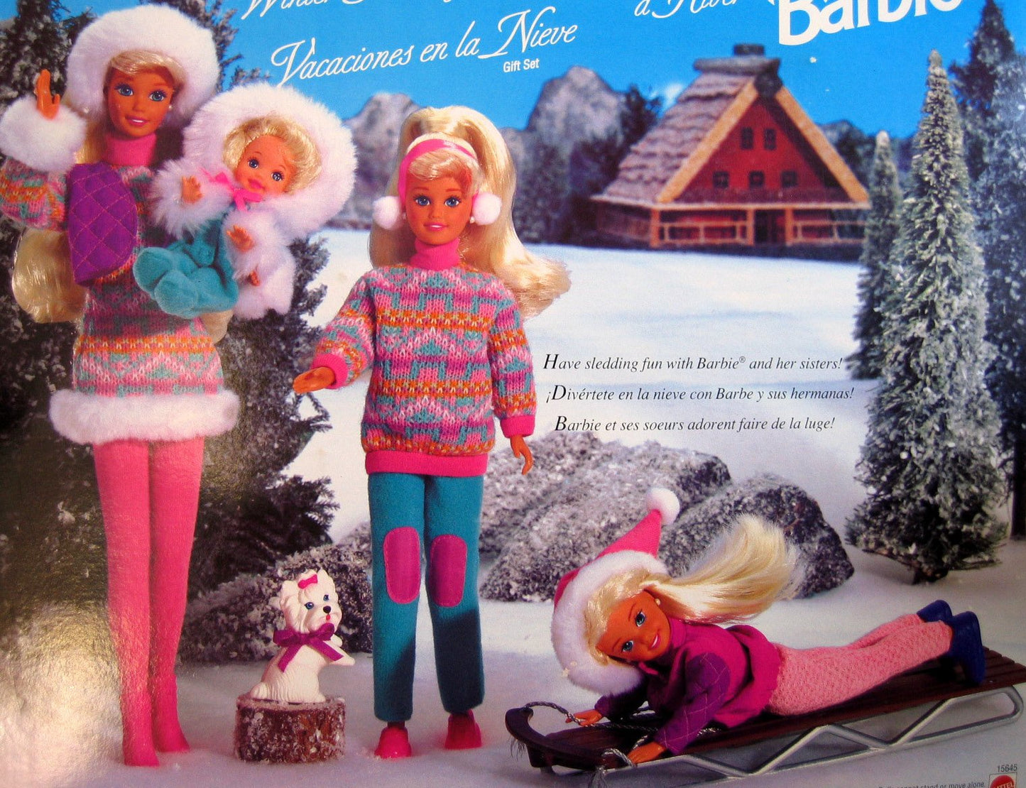 BARBIE WINTER HOLIDAY Set SLEDDING FUN w 4 DOLLS (Skipper, Kelly, Stacie & Barbie), Koko (Dog), SLED & More (1995)