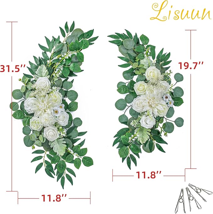 Wedding Arch Flowers, Artificial Floral Decor for Wedding Ceremony & Reception, Standard Size Large Flower Swag Set for Backdrop & Welcome Sign, Pack of 2 (Pure White & Ivory White)