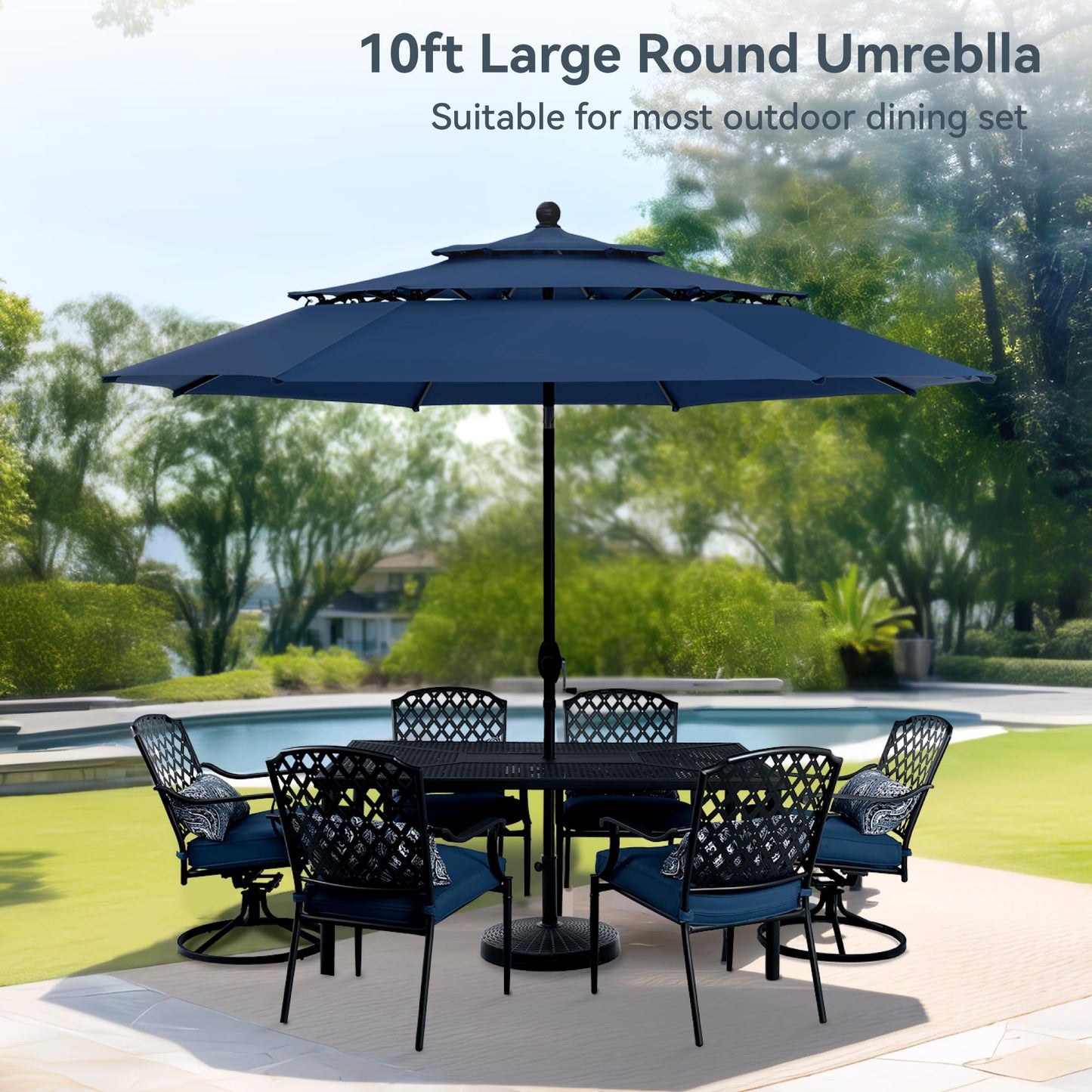 PHI VILLA 10ft Outdoor Patio Umbrellas for Outside, 3 Tier Vented Market Table Umbrella Windproof for Backyard, Deck, Garden, 1.5" Pole, Dark Blue(No Base)