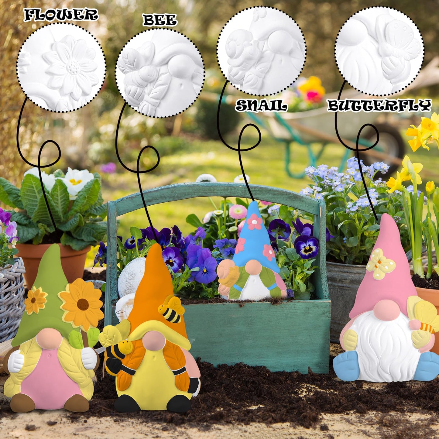 Poen 6 Sets Ready to Paint Your Own Ceramic Gnome Statues Spring DIY Unpainted Ceramics Gnome Figurines Kit Spring Crafts Gifts Drawing Figurines DIY Art and Craft with Brush Palette Paint for Adult