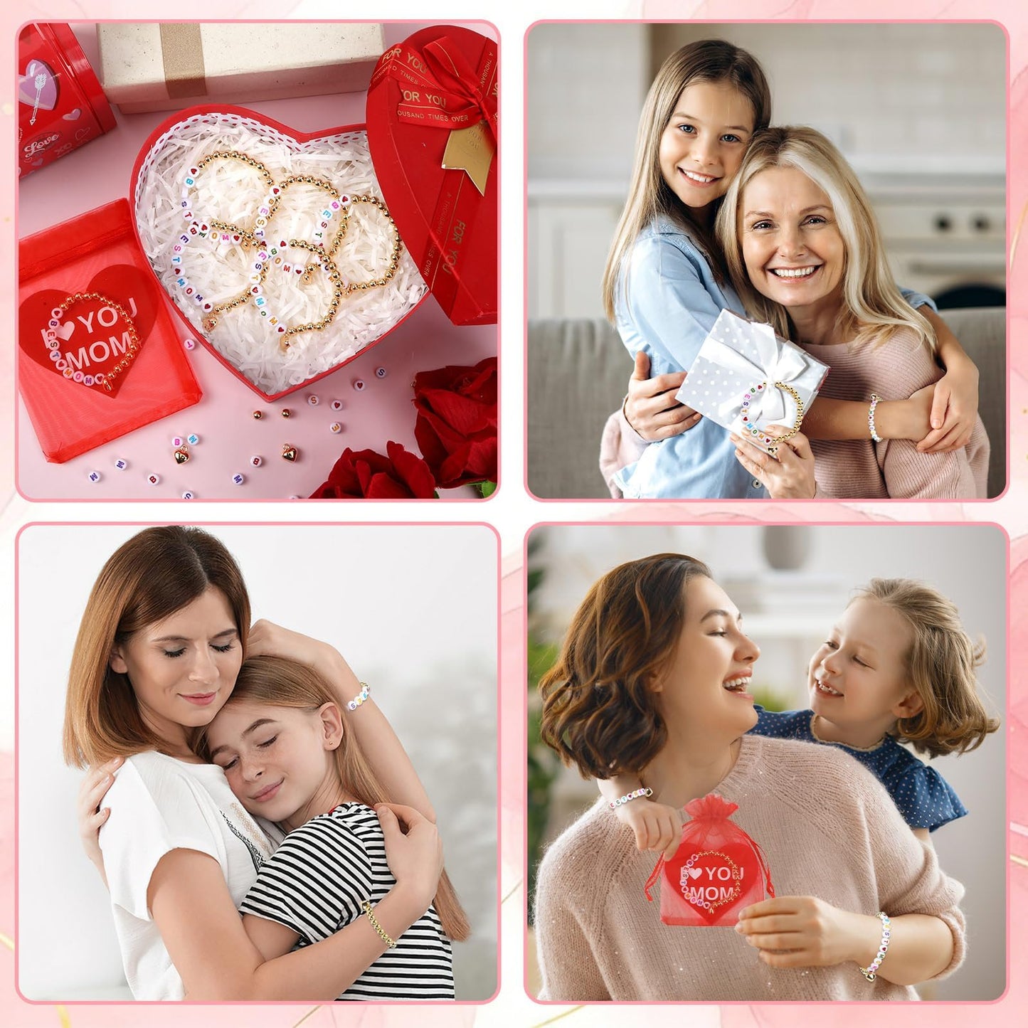 Augshy 24 Sets Mother's Day Bracelet Making Kit, Mom Bracelets DIY Craft Kit Letter Beads Heart Pendants Heart Gift Cards Organza Bags for Mothers Day Gifts Classroom Handcrafted Activity Party Favors
