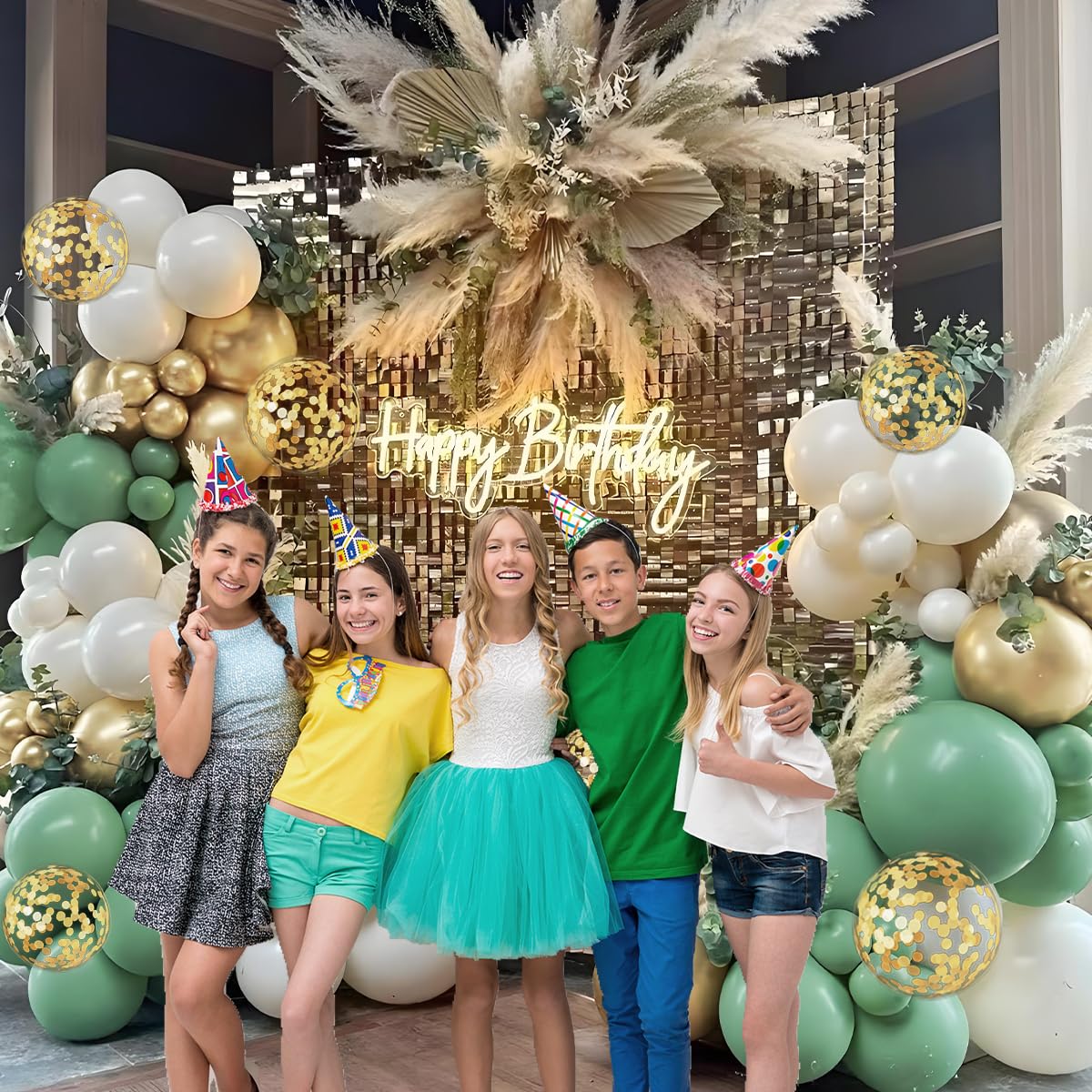 MEBAY Sage Green Balloon Arch Kit, 155Pcs Sage Green White Sand Metallic Gold Garland with Gold Confetti Balloons for Graduation Baby Shower Wedding Jungle Birthday Party Decorations