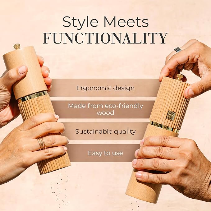 Styled Settings Wooden Salt and Pepper Grinder Set with Gold Accents – Refillable Wooden Manual Salt and Pepper Mill Set with Adjustable Ceramic Mills & Matching Wood Stand - Ideal for Gifting
