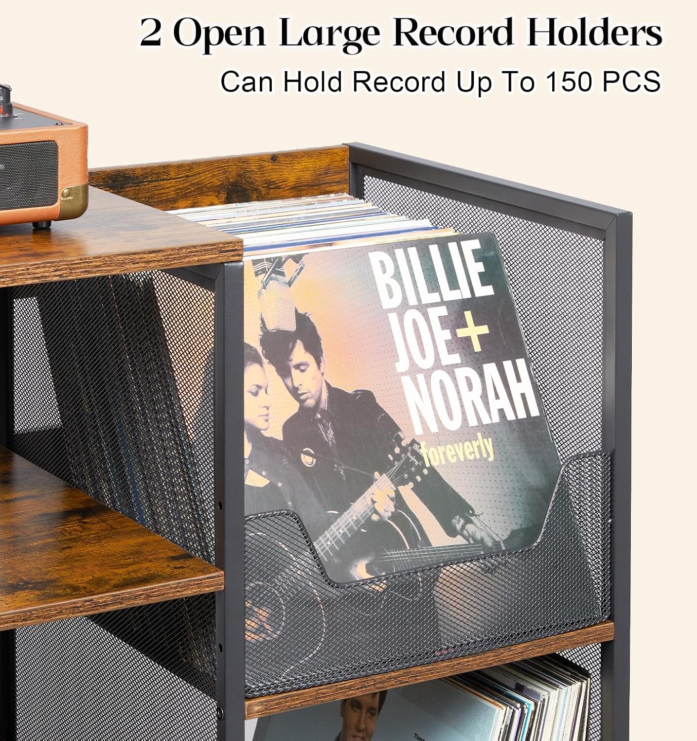 Large Record Player Stand Table with Vinyl Record Holder Up to 150PCS, AV Media Stand Stereo Cabinet Shelf Rack Tower with Storage, Sturdy, Adjustable Feet, Rustic, Large Capacity
