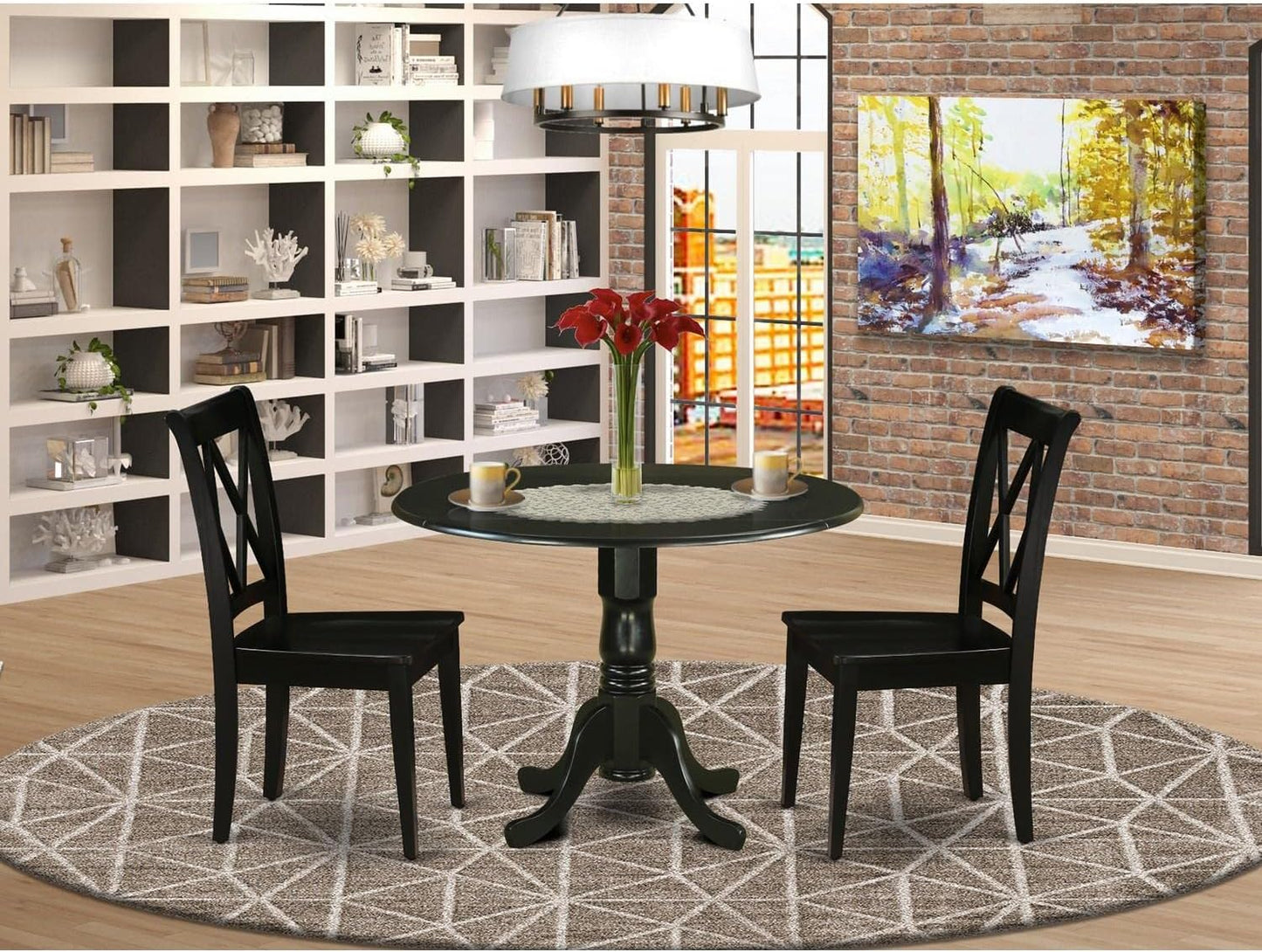 East West Furniture DLCL3-BLK-W 3 Piece Kitchen Table Set for Small Spaces Contains a Round Dining Room Table with Dropleaf and 2 Solid Wood Seat Chairs, 42x42 Inch, Black