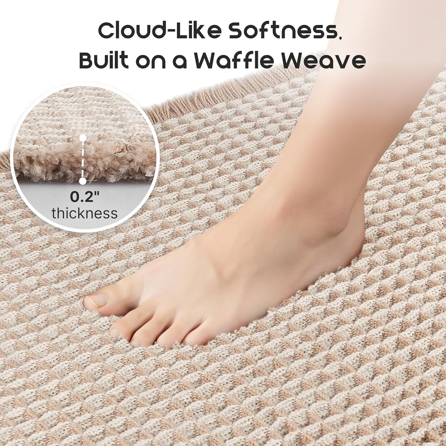 ArtyCozy Waffle Bath Mat Set of 2, Super Absorbent Soft Non-Slip Boho Bath Rugs with Flat-Woven Hot Glue Backing for Bathroom, Machine Washable Bath Mats, 20" × 32" Plus 17" × 24", Brown & White