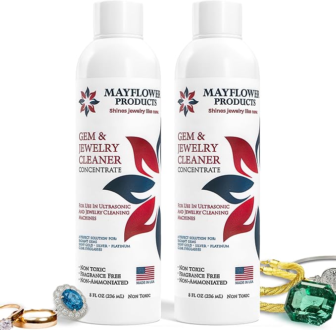 Mayflower Jewelry Cleaner for Ultrasonic Machine Made in USA Non Toxic Tarnish Remover Solution Concentrate 2-pack for Cleaning Gems Diamond Rings Silver Gold and Platinum. Cleans Eyeglasses (16 oz)