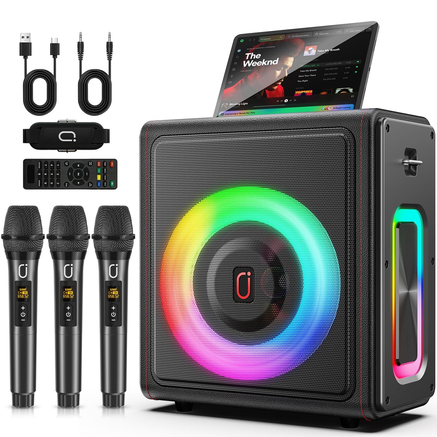 Karaoke Machine with 3 Wireless Mics | Bluetooth 5.3 Speaker with Echo Adjustment & Auto Pitch Correction | PA System with RGB L