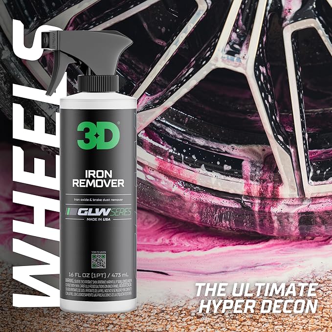 3D GLW Series Iron Remover – Fast Acting Fallout & Brake Dust Cleaner | pH Balanced Wheel & Paint Decontamination | DIY Detailing Spray | Made in USA |64 oz
