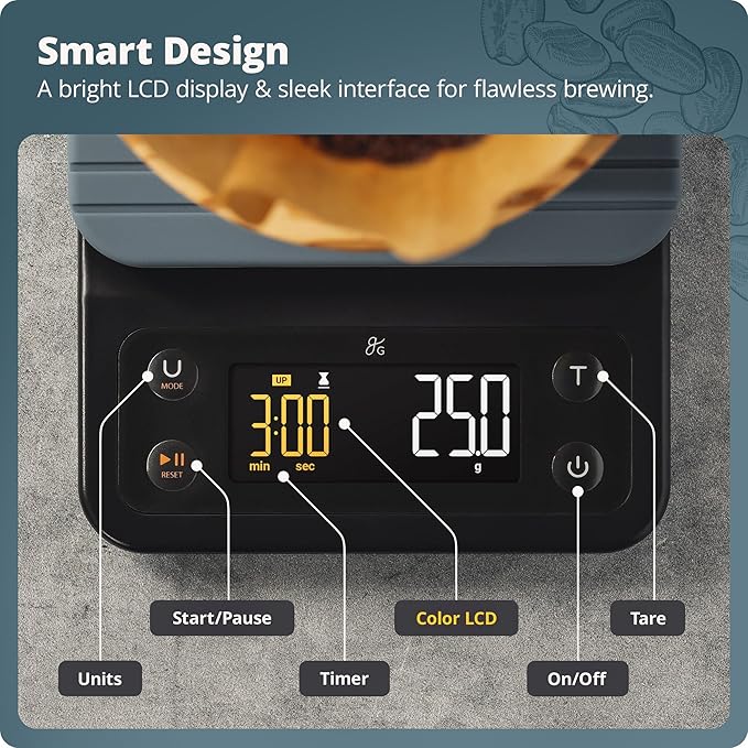 Greater Goods Digital Coffee Scale with Timer โ Accurate 0.1g Precision, Multi-Color Display, Waterproof & Heat-Resistant Cover, for Pour-Over, Espresso, French Press, and Kitchen Use (Stone Blue)