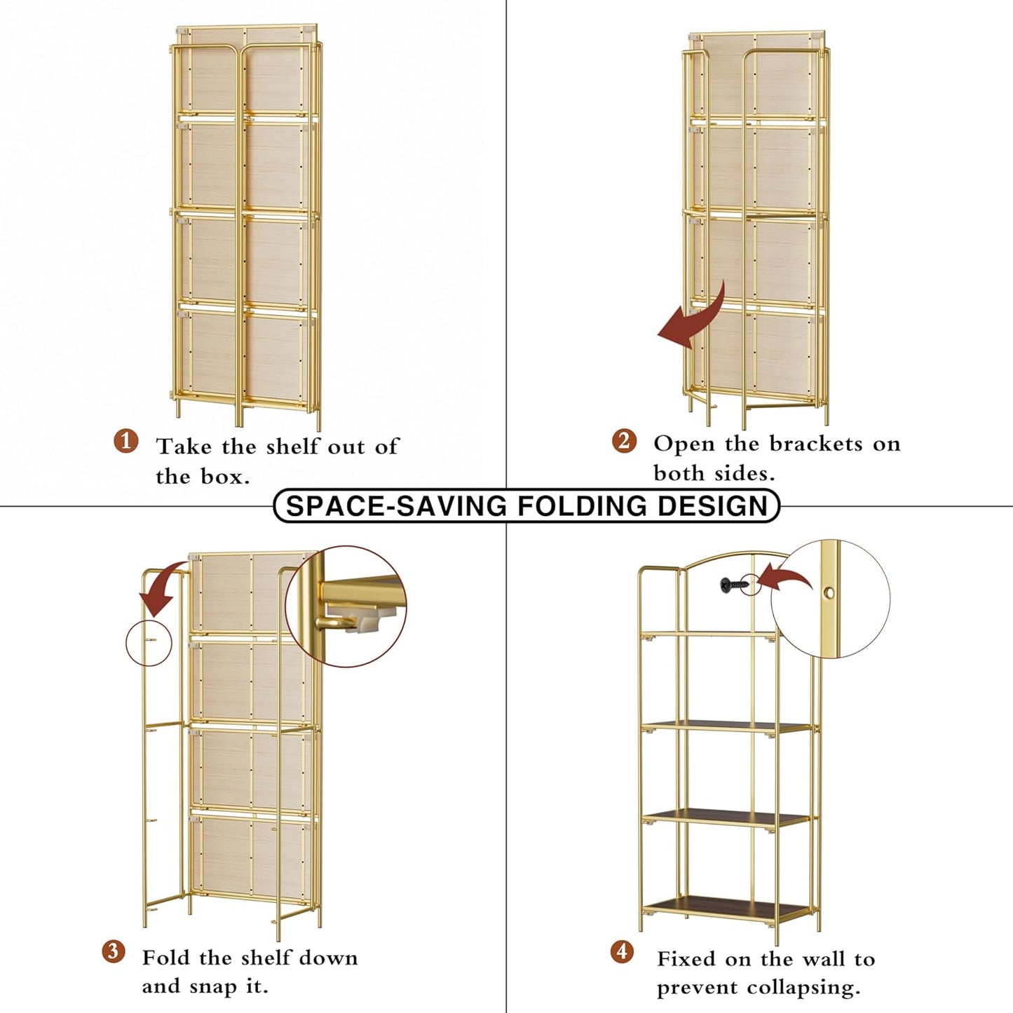 Crofy No Assembly Folding Bookshelf for Living Room, 4 Tier Gold Collapsible Book Shelf for Home Office, Portable Bookcase Storage Organizer