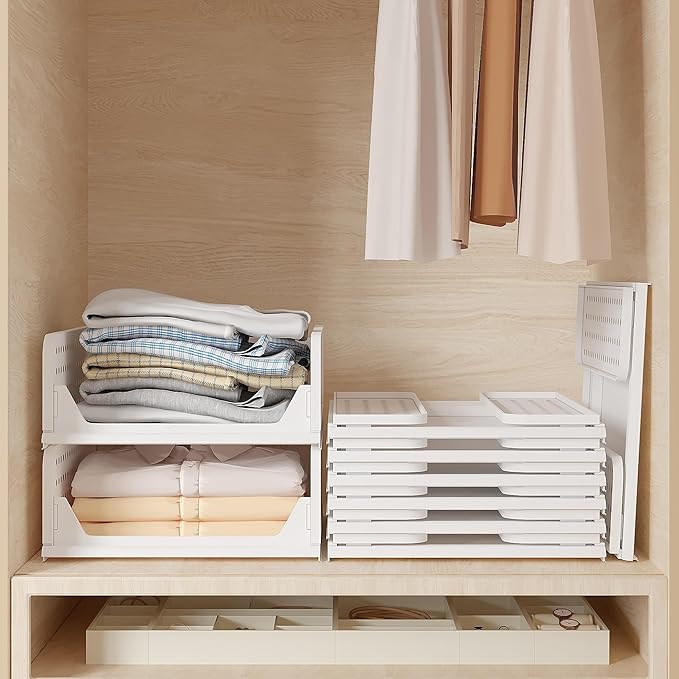 VECELO 4 Pack Plastic Closet Shelf Organizer, Stackable Sweater Storage Closet Drawers, Foldable Wardrobe Organizer, Easy Assembly, Durable and Space Saving for Closet, Bathroom, Kitchen, Gray