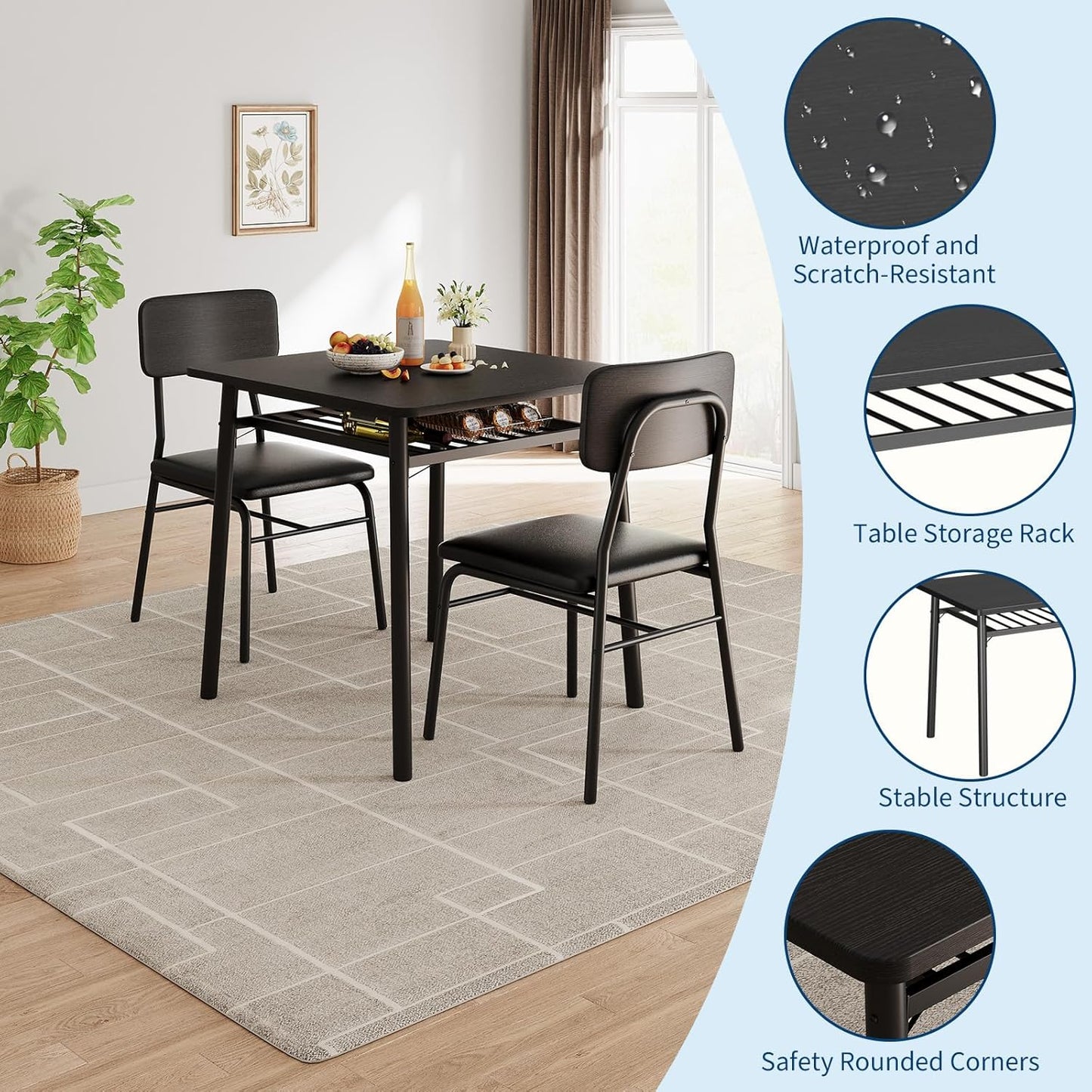 3-Piece Dining Table Set for 2, Wood Kitchen Table Set with Built-in Storage Rack,Small Kitchen Table with Upholstered Chairs and Metal Frame for Small Spaces,Black Wood Grain Color