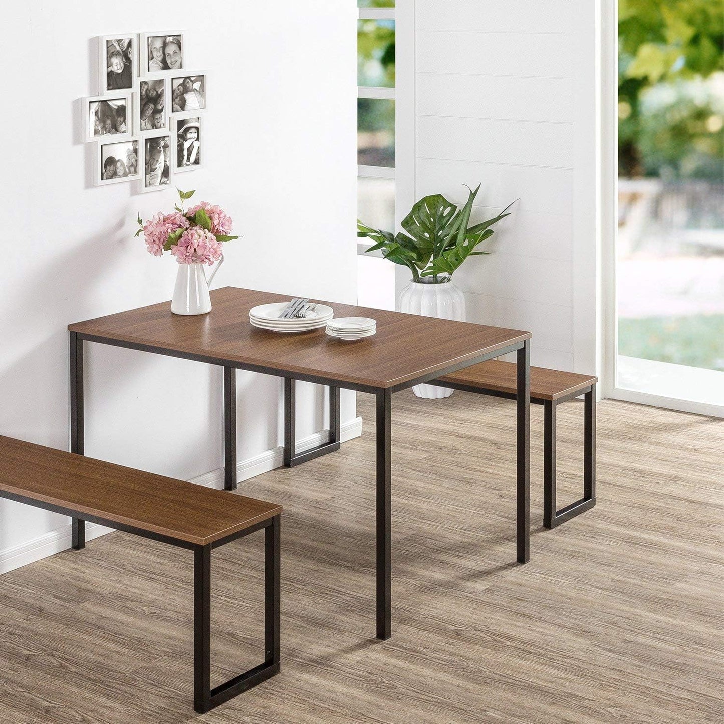ZINUS 48 Inch Louis Metal Frame Table with Benches 3 Piece Dining Set, Easy Assembly, Brown