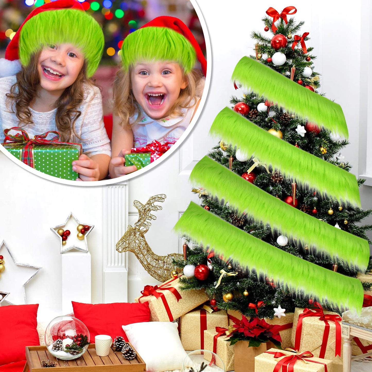 Tatuo 4 x 100 Inch Green Faux Fur Fabric Christmas Fluffy Fuzzy Craft Fake Fur Cuts Shaggy Synthetic Plush Patch Sewing DIY Winter Halloween Costume Gnome Beard Miniature Dolls Rugs Mats Gift
