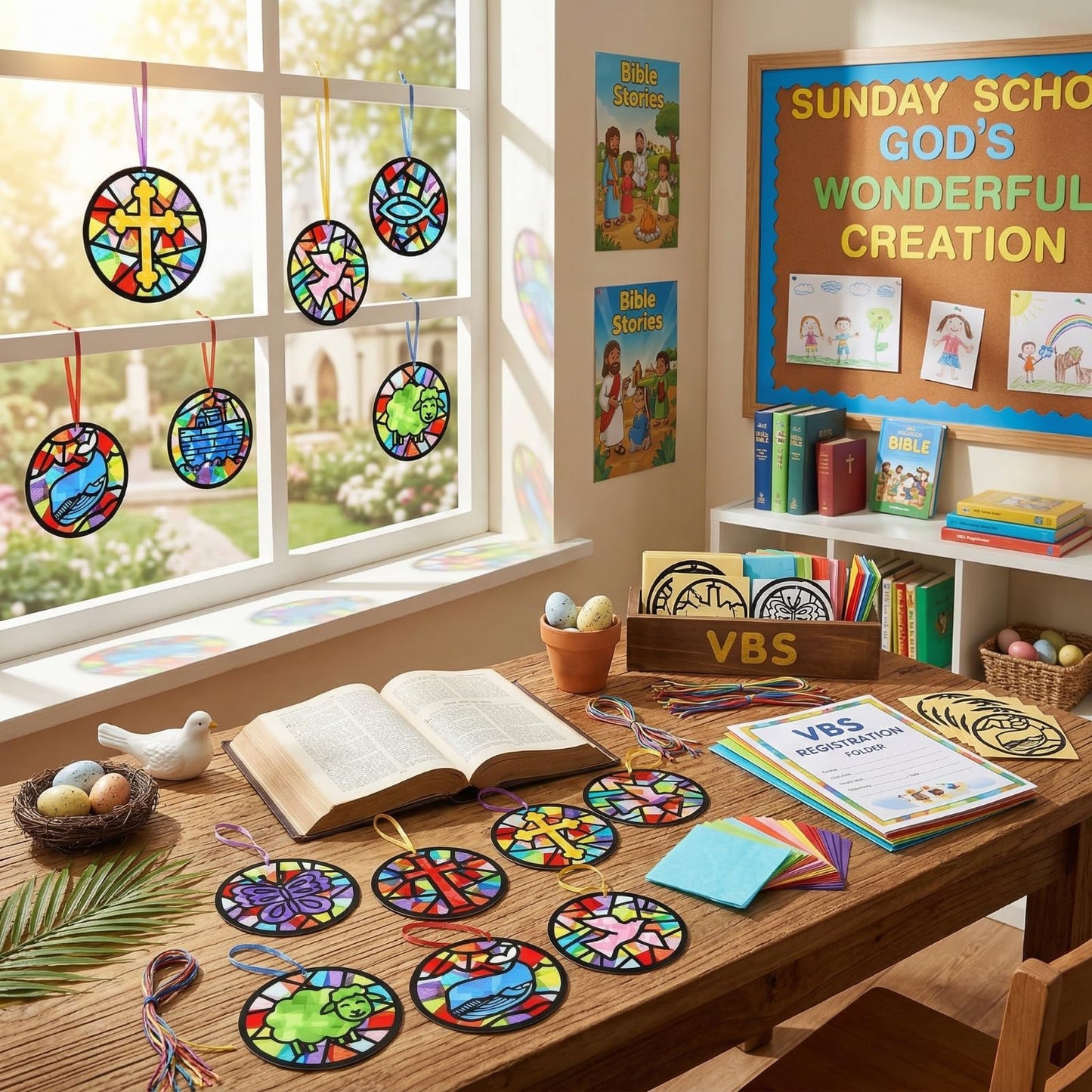 Eersida 32 Pcs Christian Suncatcher Craft Kit,Religious Stained Glass Tissue Paper VBS Sunday School Bible Crafts Bible Story Christian Window Decor for Classroom Church Group School Faith Decor