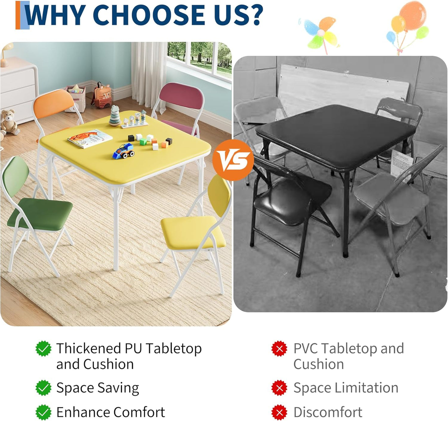 GarveeHome 5-Piece Kids Folding Table and Chairs Set, Toddlers Children's Activity Table and Chairs Set for Dining Room,Daycare,Classrooms