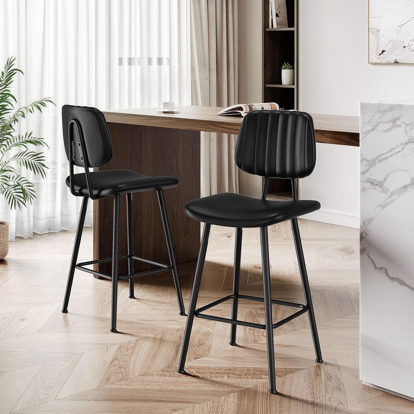 24-Inch Leather Bar Stools Set of 2, Counter Height Barstools with High Backrest,Bar Chairs for Kitchen Island with Heavy Duty Metal Legs, Black